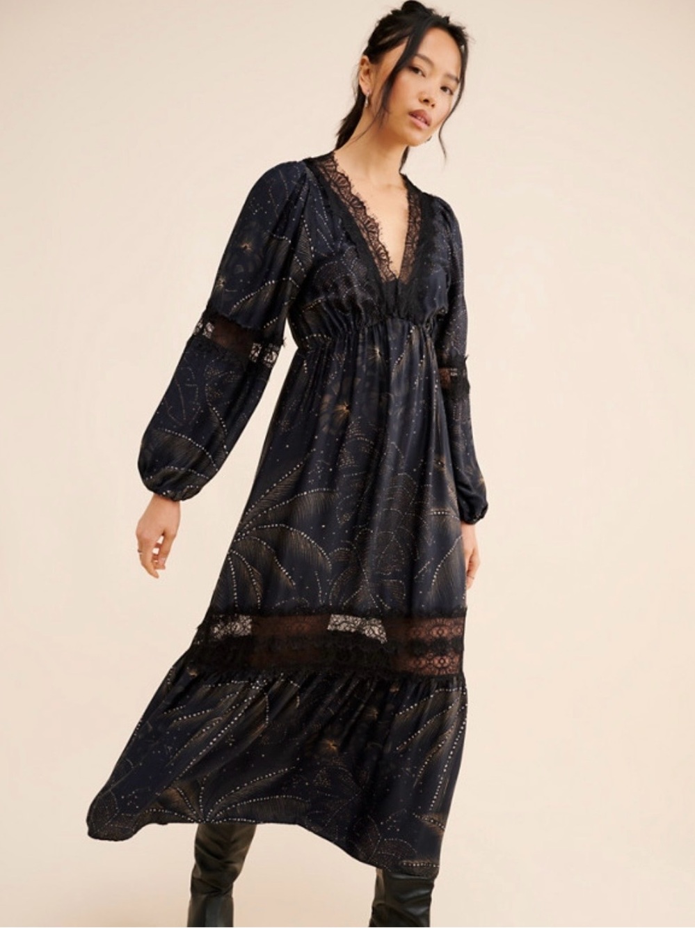 Farm Rio- Floral Lace Midi Dress- Size L- Wedding Guest Dress- Long Sleeve